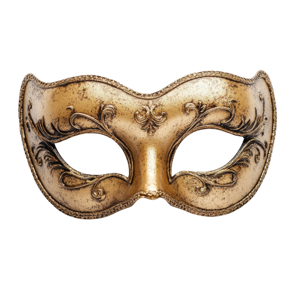 Elegant golden Venetian masquerade opera mask adorned with intricate designs on a clean transparent background, Golden Venetian Masquerade Opera Mask on transparent background png