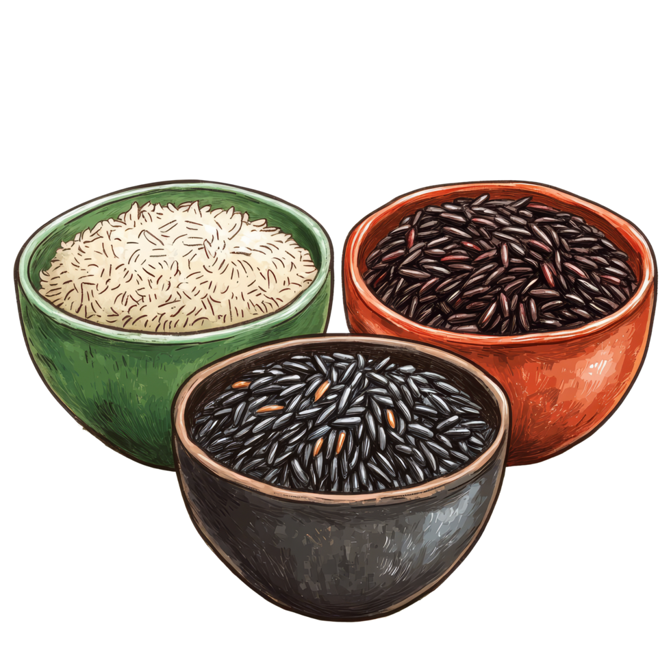 Three distinct varieties of rice displayed in colorful bowls, showcasing the beauty of basmati, red, and black rice, Three types of rice in bowls basmati rice, red rice and black rice png