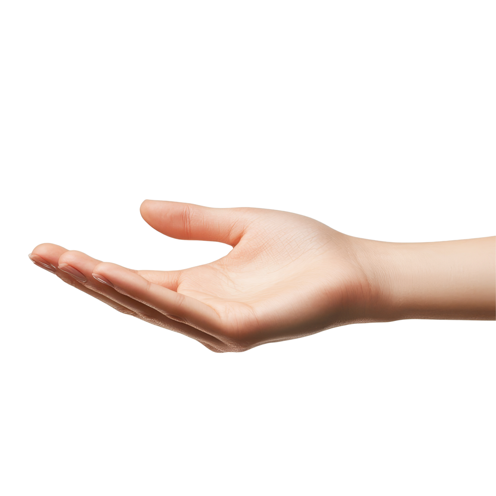 A womans hand holding something against a plain transparent background, symbolizing openness and invitation, woman hand holding somethingisolated on transparent background png