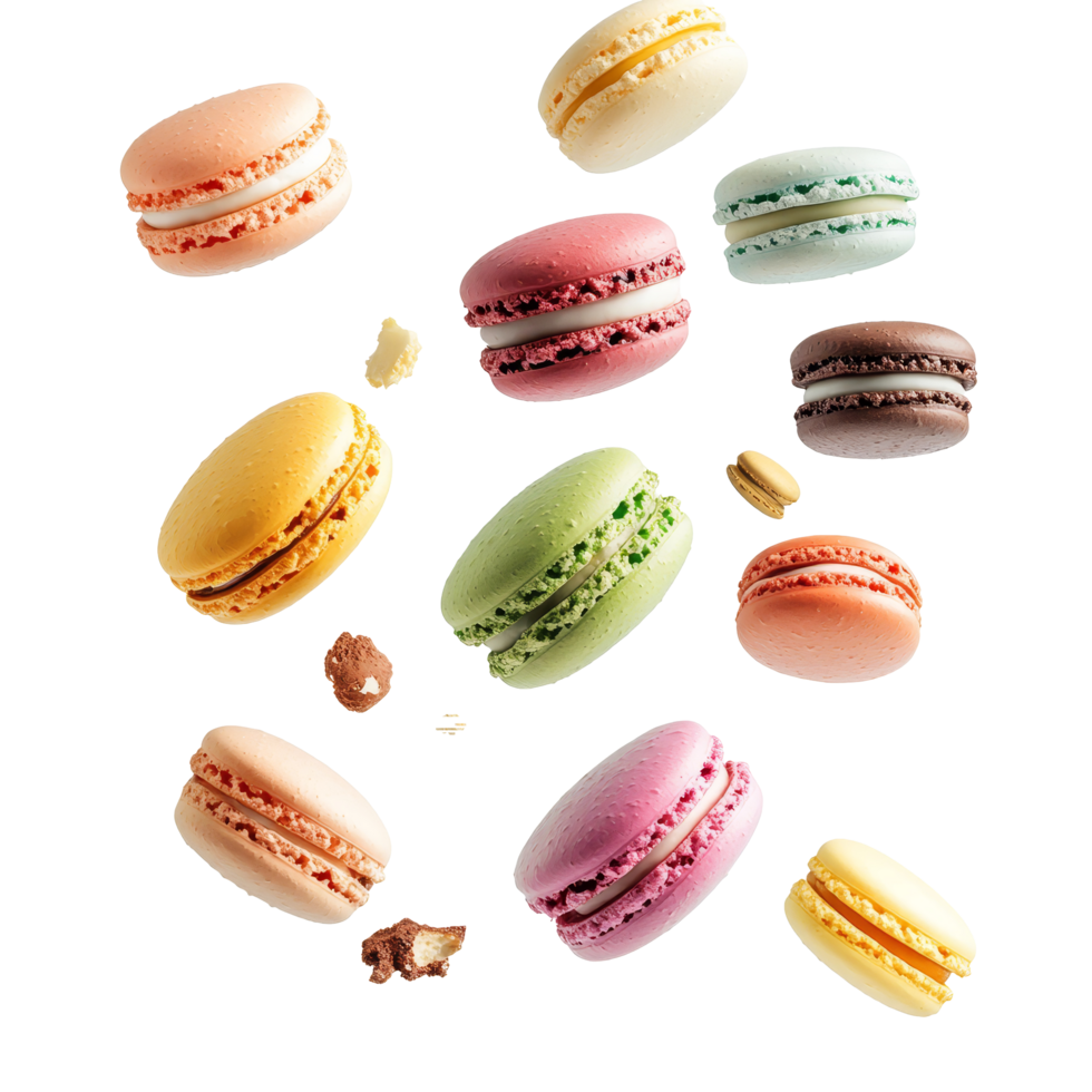 Colorful macarons floating gracefully in the air with a whimsical touch of vibrant confectionery delight, various colorful of macarons floating on the air isolated on transparent backgroud png