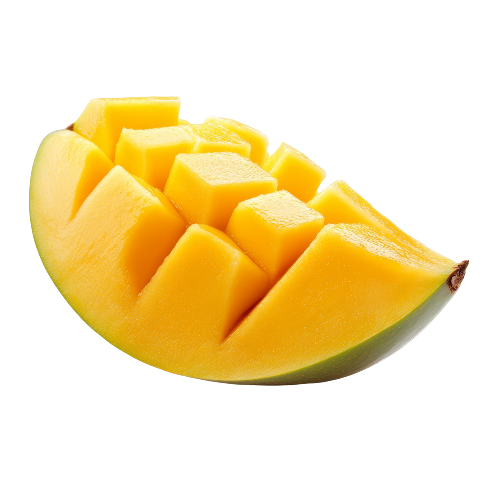 Freshly cut half mango on a clean transparent background showcasing its juicy, vibrant yellow flesh and unique texture, Half mango isolated on transparent background png