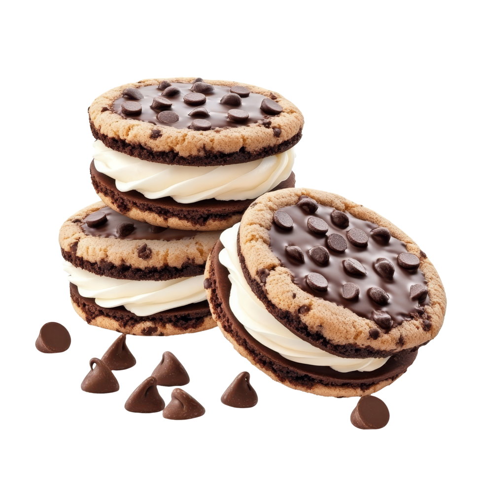Delicious chocolate chip sandwich cookies with cream filling and chocolate chips on a bright transparent background, Chocolate chip and sandwich cookies with cream on transparent background png