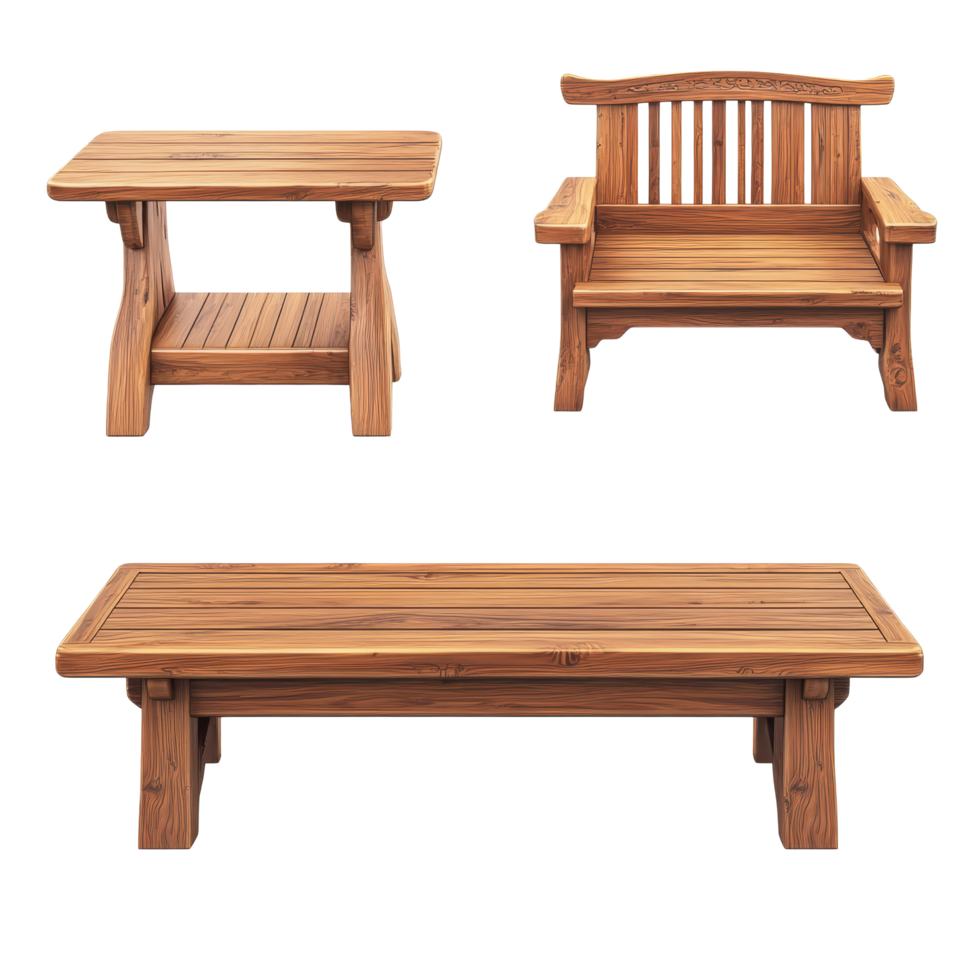 Elegant wooden furniture a chair, side table, and coffee table on a transparent backdrop, Beautiful round wooden table isolated on a transparent background png