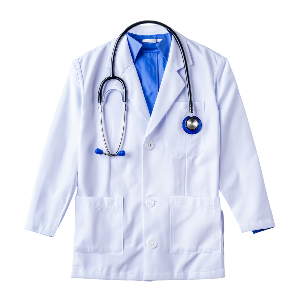 A pair of medical doctor coats with stethoscopes arranged on a clean transparent background, Medical Doctor Coats with Stethoscopes on transparent background png