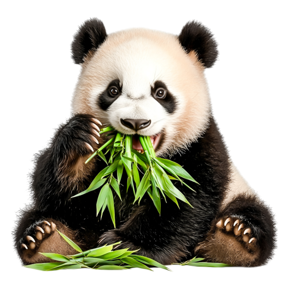 Adorable Giant Panda Eating Fresh Bamboo with Joyful Expression png