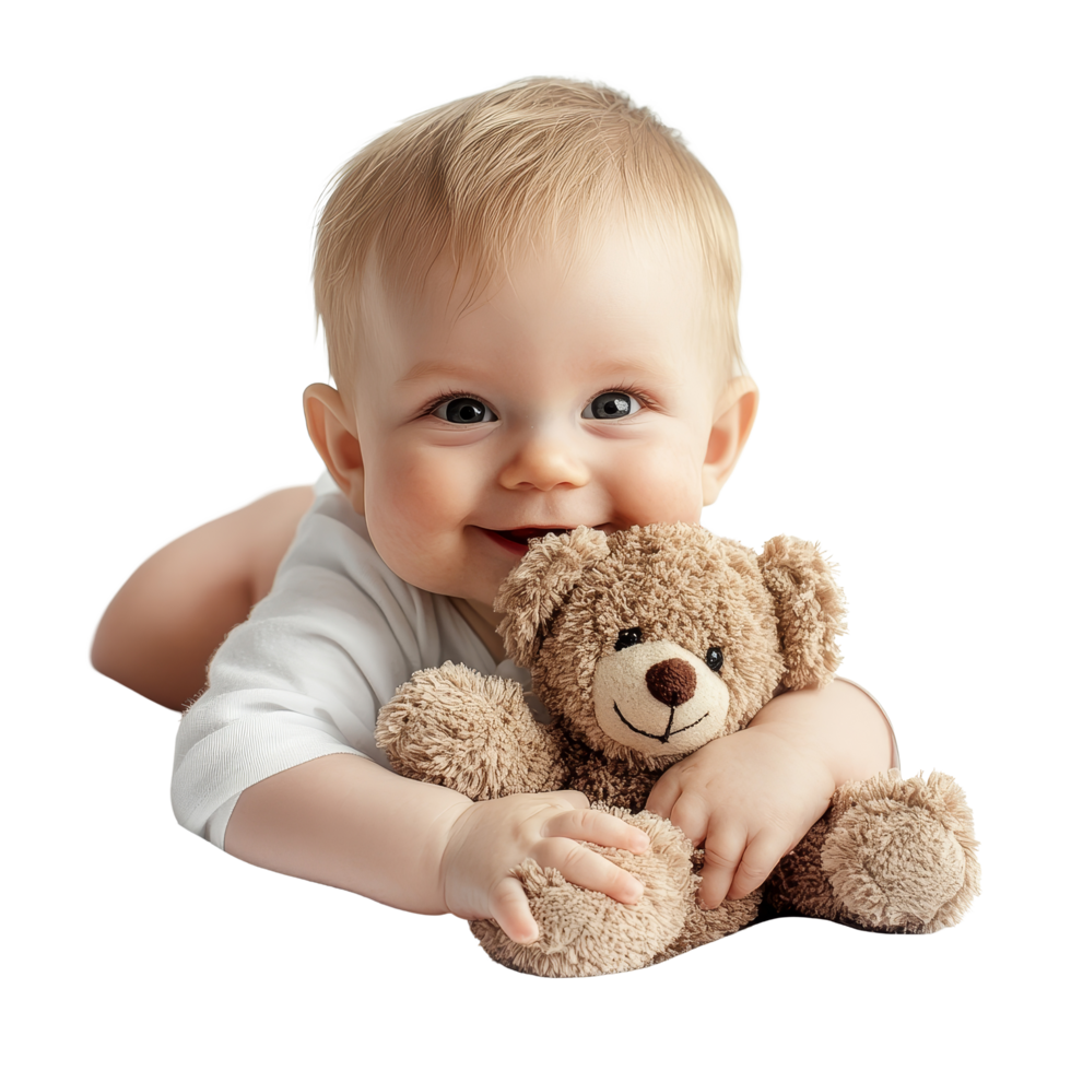 Happy baby cuddling a teddy bear on a soft transparent background in a cozy indoor setting, baby with teddy bear on transparent background png