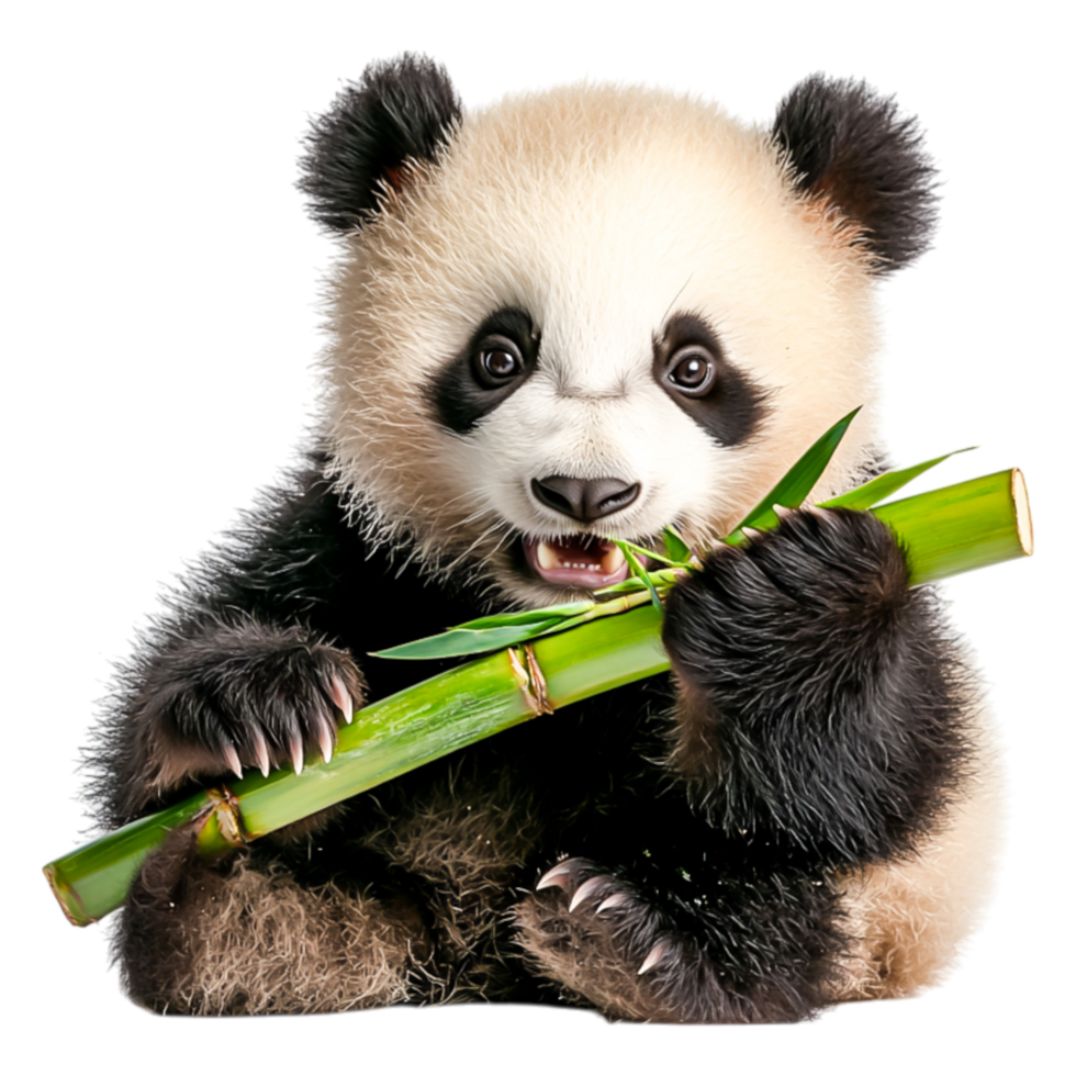 Adorable Young Panda Eating Bamboo in Lush Environment png
