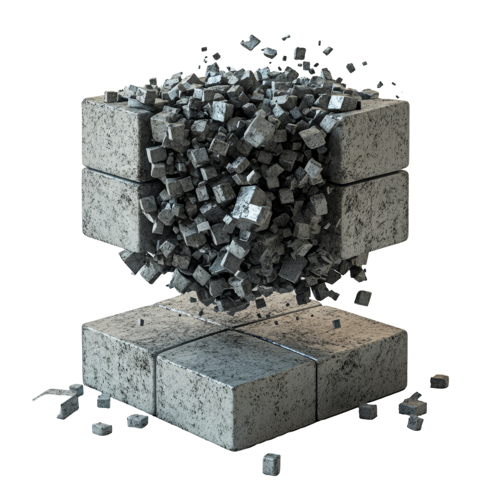 Large block disintegrates into numerous smaller cubes, showcasing a dynamic transformation in a minimalist setting, Large block dismantles in to small cube Stock Illustration png
