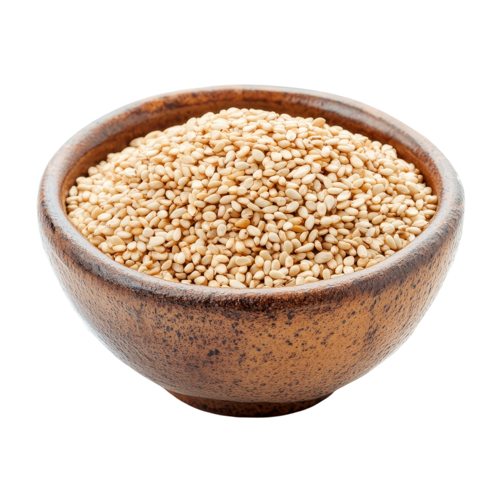 A closeup of sesame seeds in a rustic bowl on a transparent surface, showcasing their natural color and texture, sesame seeds in a ceramic bowl on transparent background png