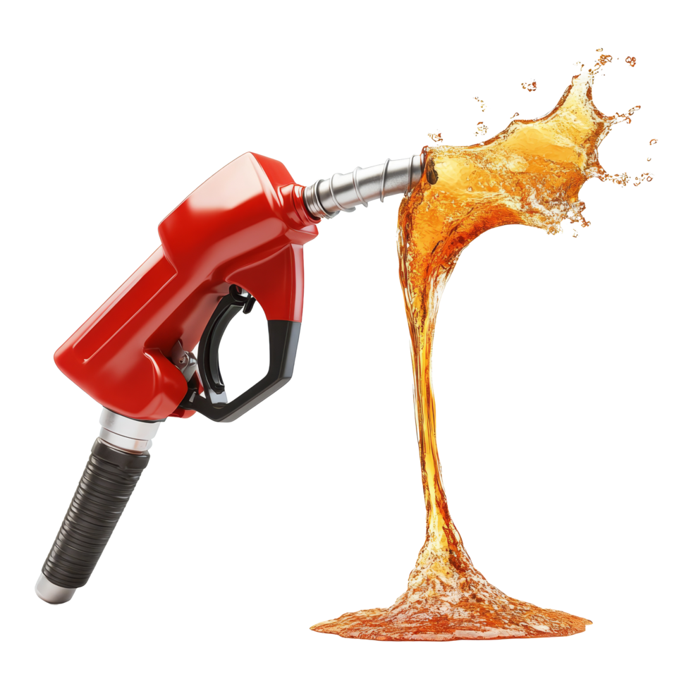 Gasoline gushing from a red pump nozzle isolated on a transparent background, Gasoline gushing out from pump isolated on transparent background png