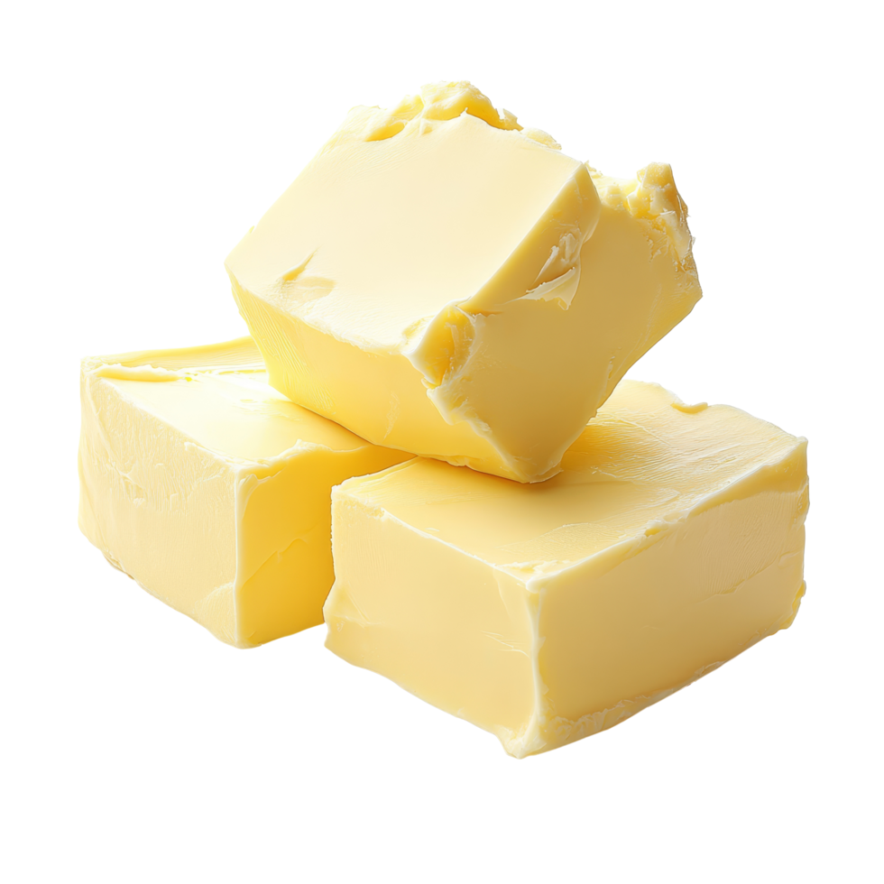 Fresh butter cubes stacked on a transparent background showcasing their smooth texture and creamy color, butter on transparent background png