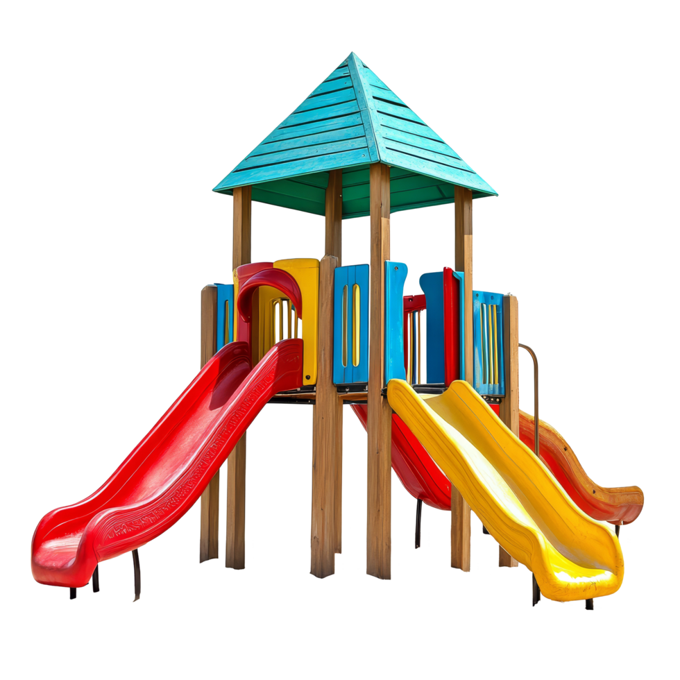 Colorful playground structure with multiple slides and play area for children on a bright transparent background, Colorful playground for children on transparent backgroundfile png