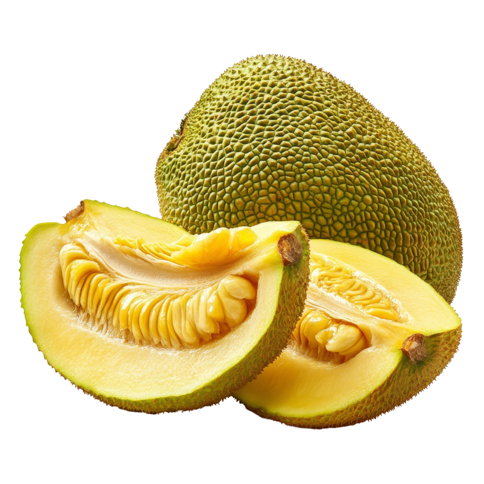 Sliced jackfruit showcasing its vibrant yellow flesh on a clean transparent background for culinary inspiration, jack fruits slice on transparent background png