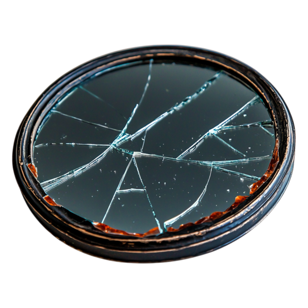 Broken Round Mirror with Cracked Surface on Wooden Base png