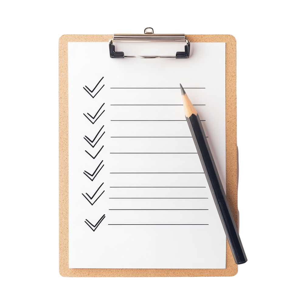 A checklist clipboard with a pencil ready for tasks on a clean transparent background, Checklist Clipboard with Pencil on transparent background Task Organization Concept png