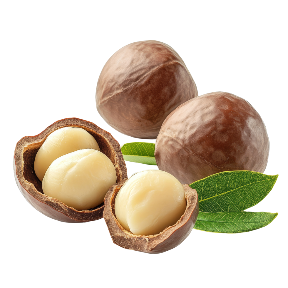 Macadamia nuts with green leaves isolated on a transparent background, showcasing their natural beauty and richness, macadamia nuts with leaf isolated on transparent background png
