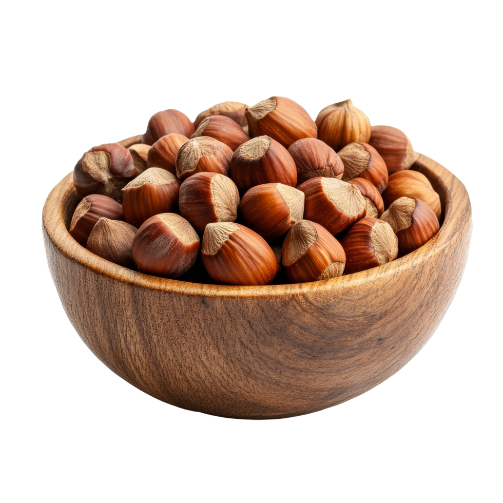 A wooden bowl filled with fresh hazelnuts isolated on a transparent background, hazelnuts in wood bowl isolated on transparent background png