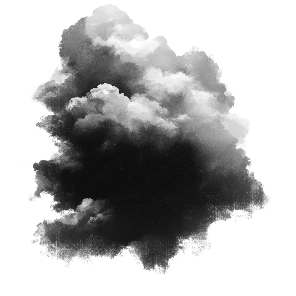 A dark cumulus cloud contrasts sharply against a bright transparent background, creating a striking visual effect typical of a stormy atmosphere, dark cumulus cloud transparent background png