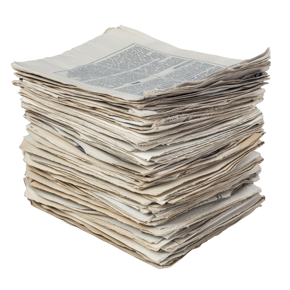 A stack of old newspapers stacked neatly on a transparent background showcasing vintage journalism, a stack of newspapers lies, file of isolated object with shadow on transparent background png