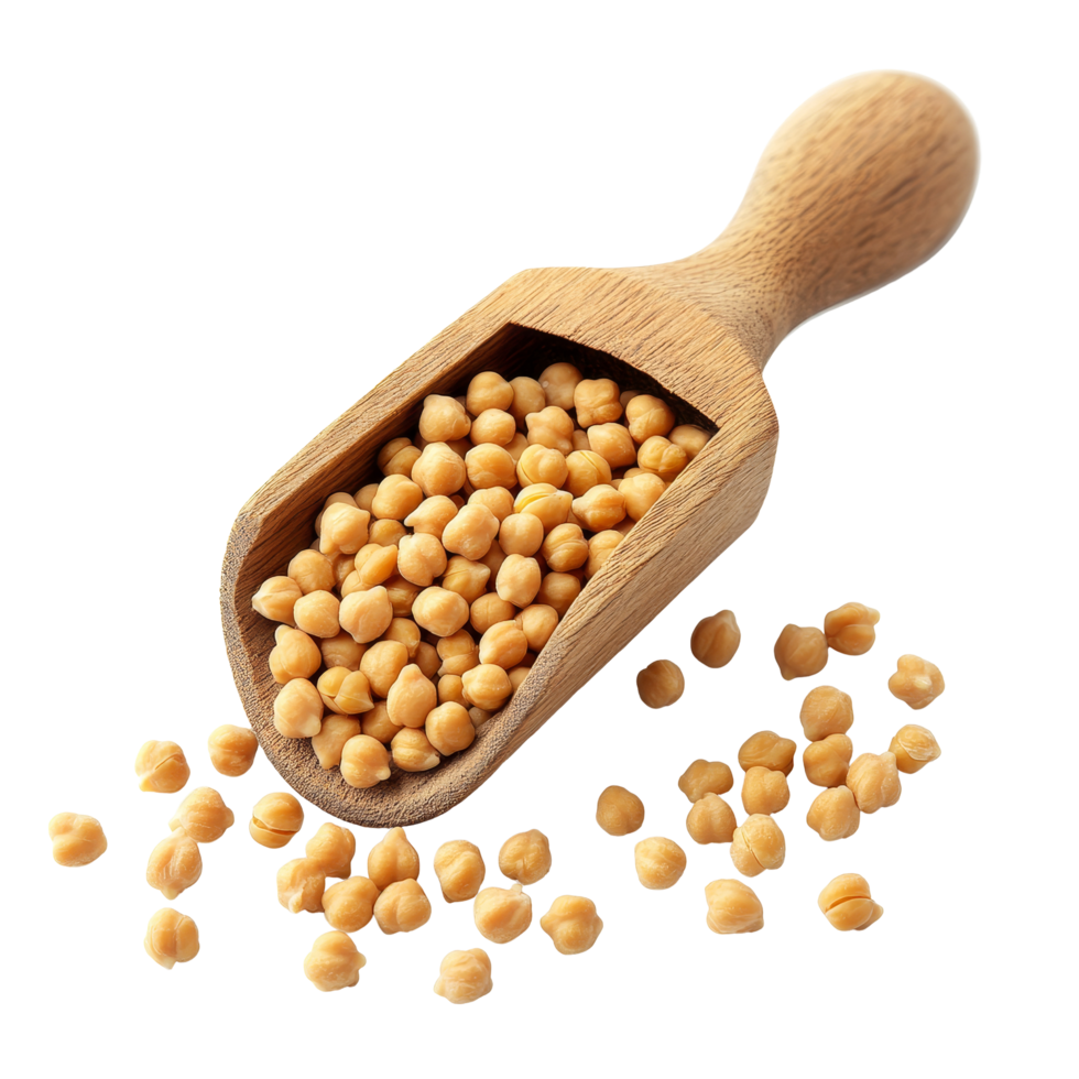 Chickpeas in a wooden scoop on a bright transparent background highlighting their natural texture and color, Chickpeas in wood scoop isolated on transparent background png