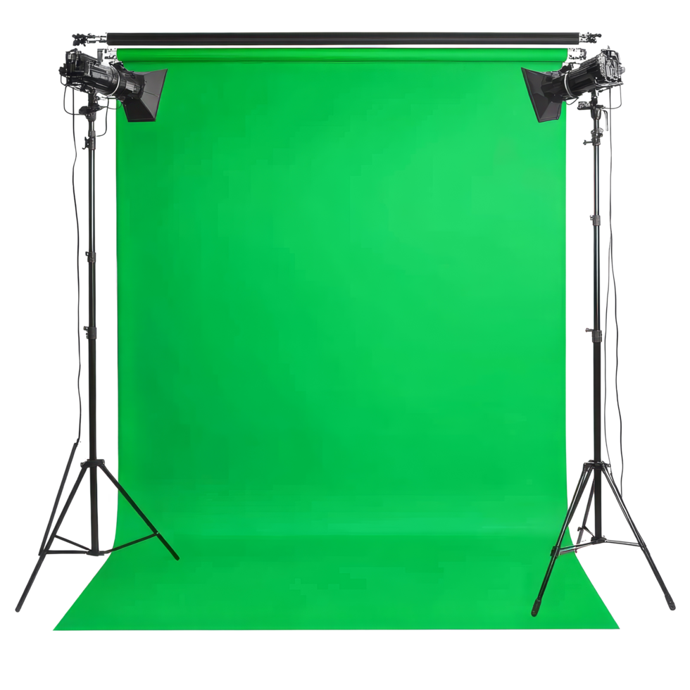 Chroma key green screen setup with lighting equipment ready for creative production in a studio environment, Green screen isolated on transparent background Chroma key png