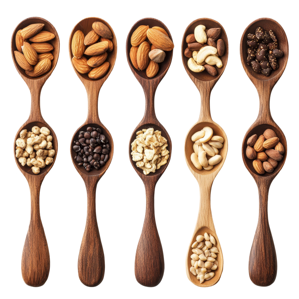 A variety of nuts displayed on wooden spoons against a transparent background, showcasing natural textures and colors, Various of nuts on wooden spoon over transparent background png