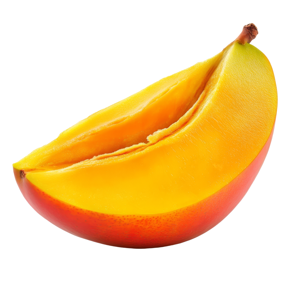 Freshly cut half mango isolated on a transparent background showcasing its vibrant yelloworange flesh, Half mango isolated on transparent background png