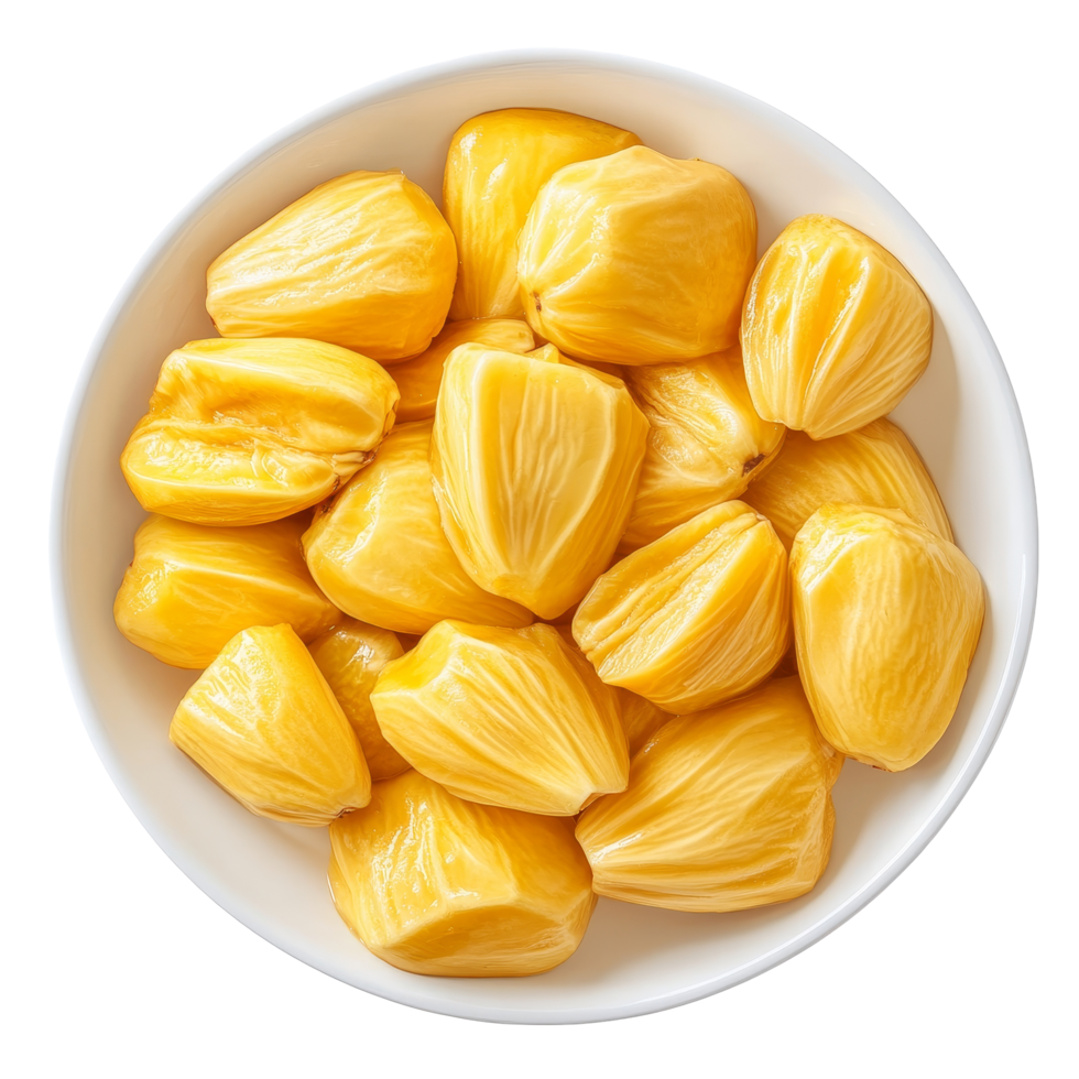 Delicious ripe jackfruit pieces served in a transparent plate on a clean, bright background, Jackfruit in transparent plate isolated on transparent background png