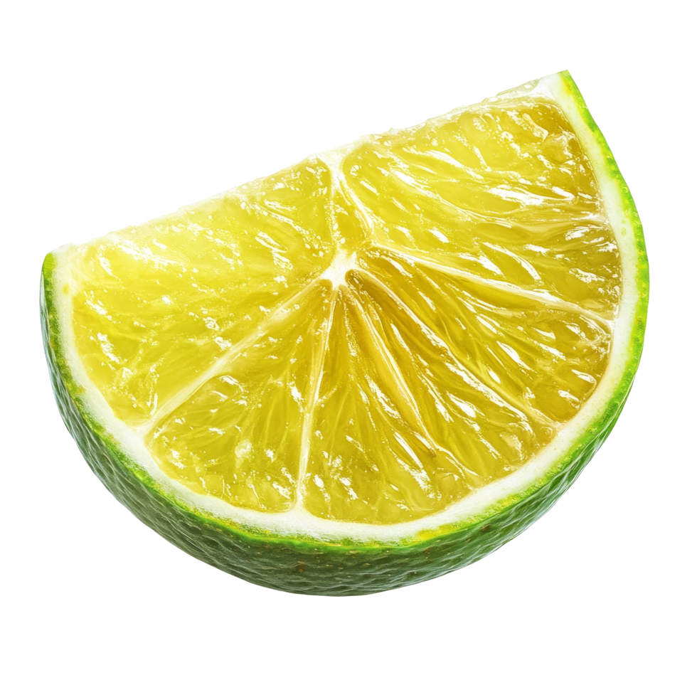 Juicy lime slice with vibrant green skin isolated on a clean transparent background for culinary use and decoration, Juicy slice of lime isolated on transparent background png