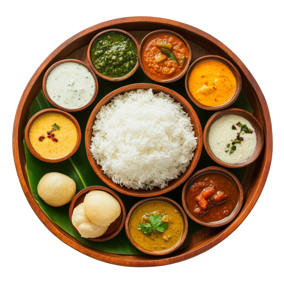 Chithirai Kani plate featuring rice and various curries on a simple transparent background during the festive season, Chithirai Kani plate top view isolated on transparent background png