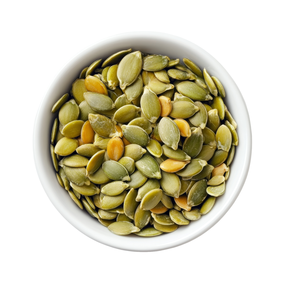 Nutritious pumpkin seeds in a transparent bowl on a clean transparent surface for healthy eating and snacking, Pumpkin seeds in transparent bowl on transparent background png