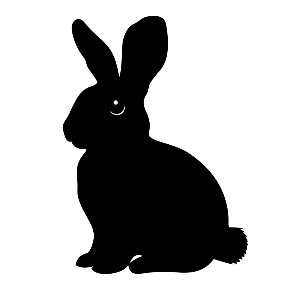Black silhouette of a rabbit against a vibrant transparent background during twilight hours, black silhouette of a rabbit png