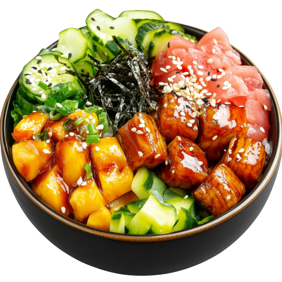 Delicious eel poke bowl with fresh vegetables and garnishes served in a black bowl, portion of eel poke bowl with vegetables png