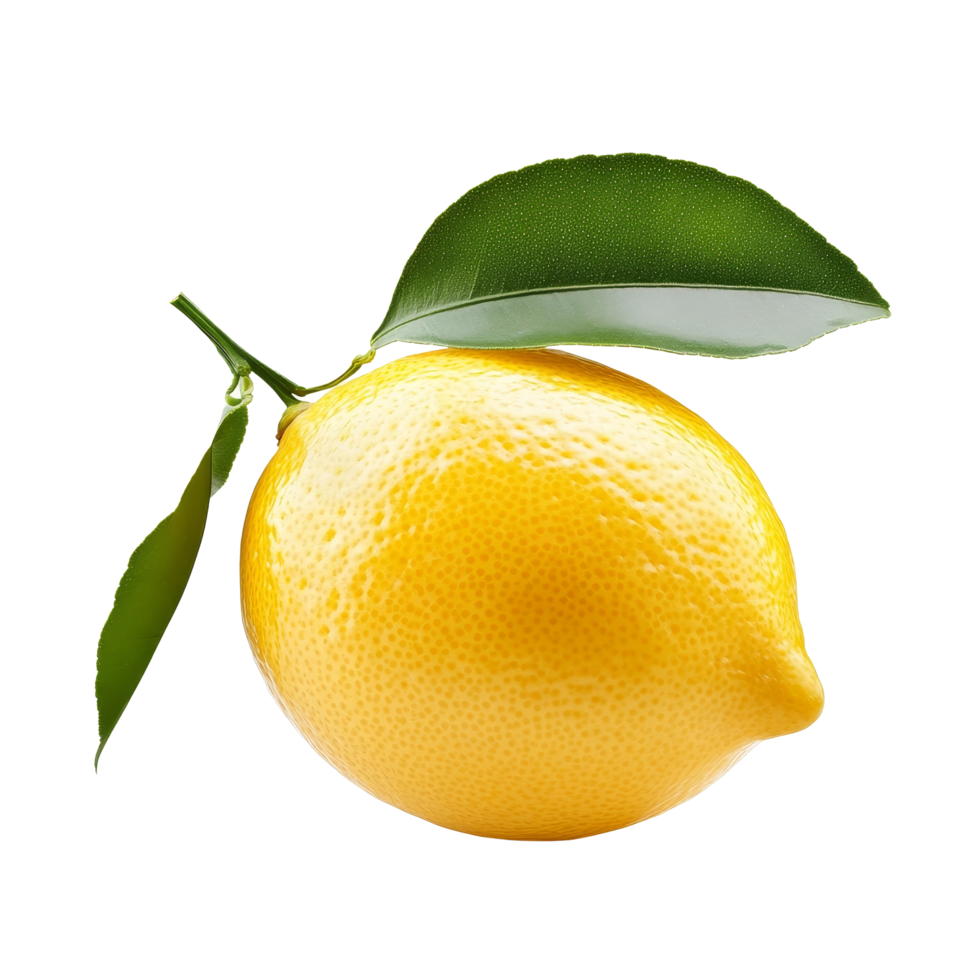 Fresh lemon with green leaves isolated on a crisp transparent background for culinary and decorative uses, Fresh lemon isolated on transparent background png