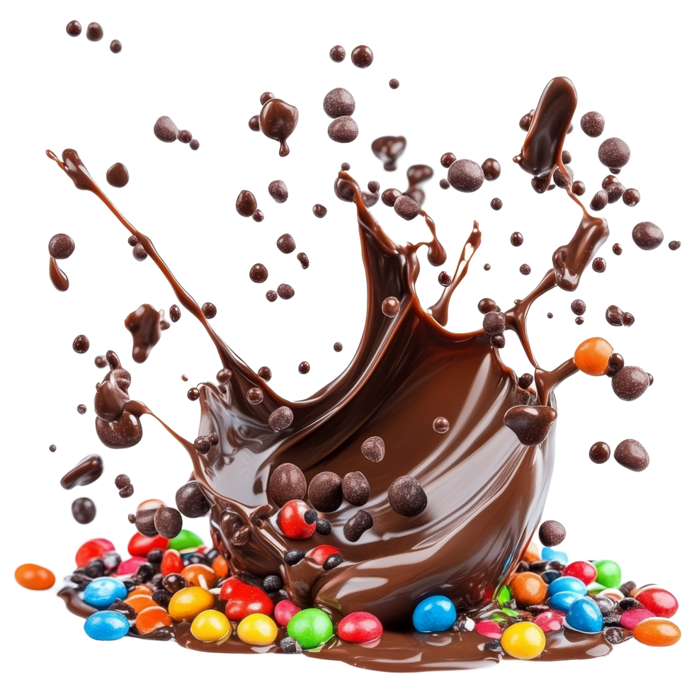 A delightful chocolate splash topped with colorful sprinkles and candies on a bright transparent background, Chocolate Splash with Sprinkles and candies on transparent background png