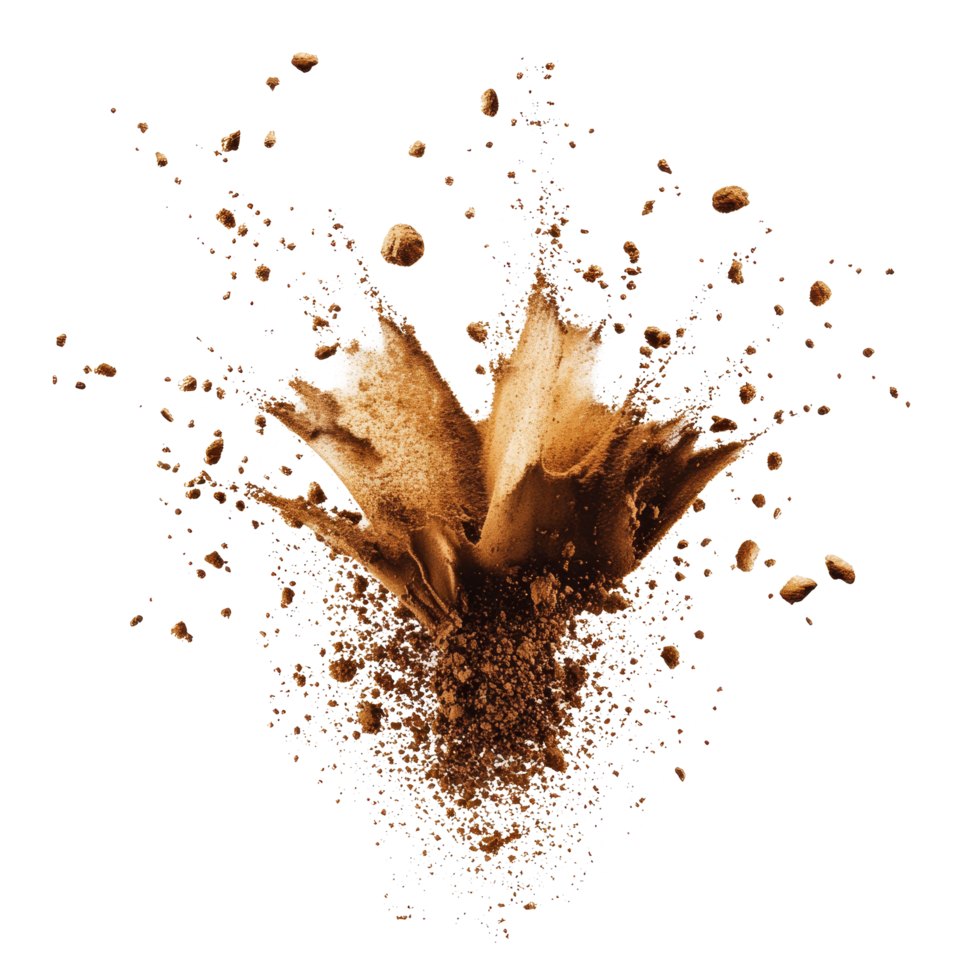 Coffee powder bursts artfully against a clean transparent background, capturing the essence of brewing and flavor infusion in culinary settings, Coffee powder burst over transparent background Stock png