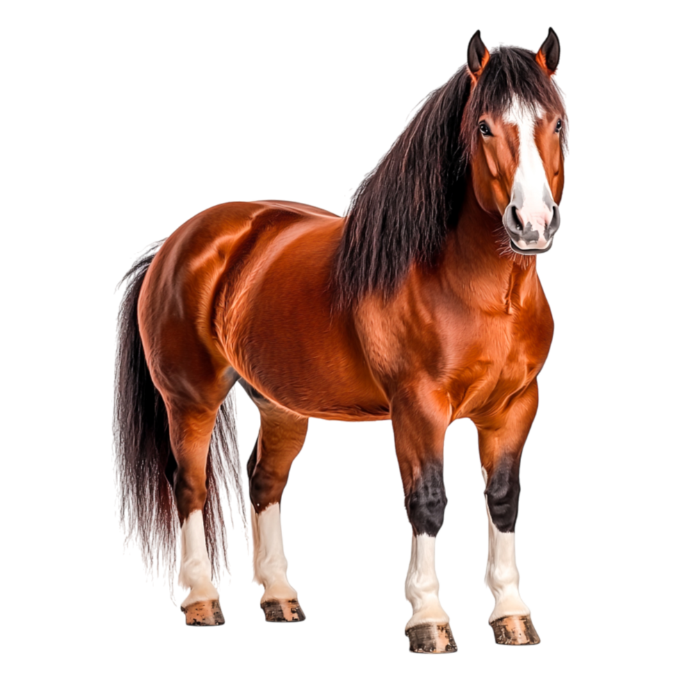 Majestic brown horse standing confidently with flowing mane and tail png