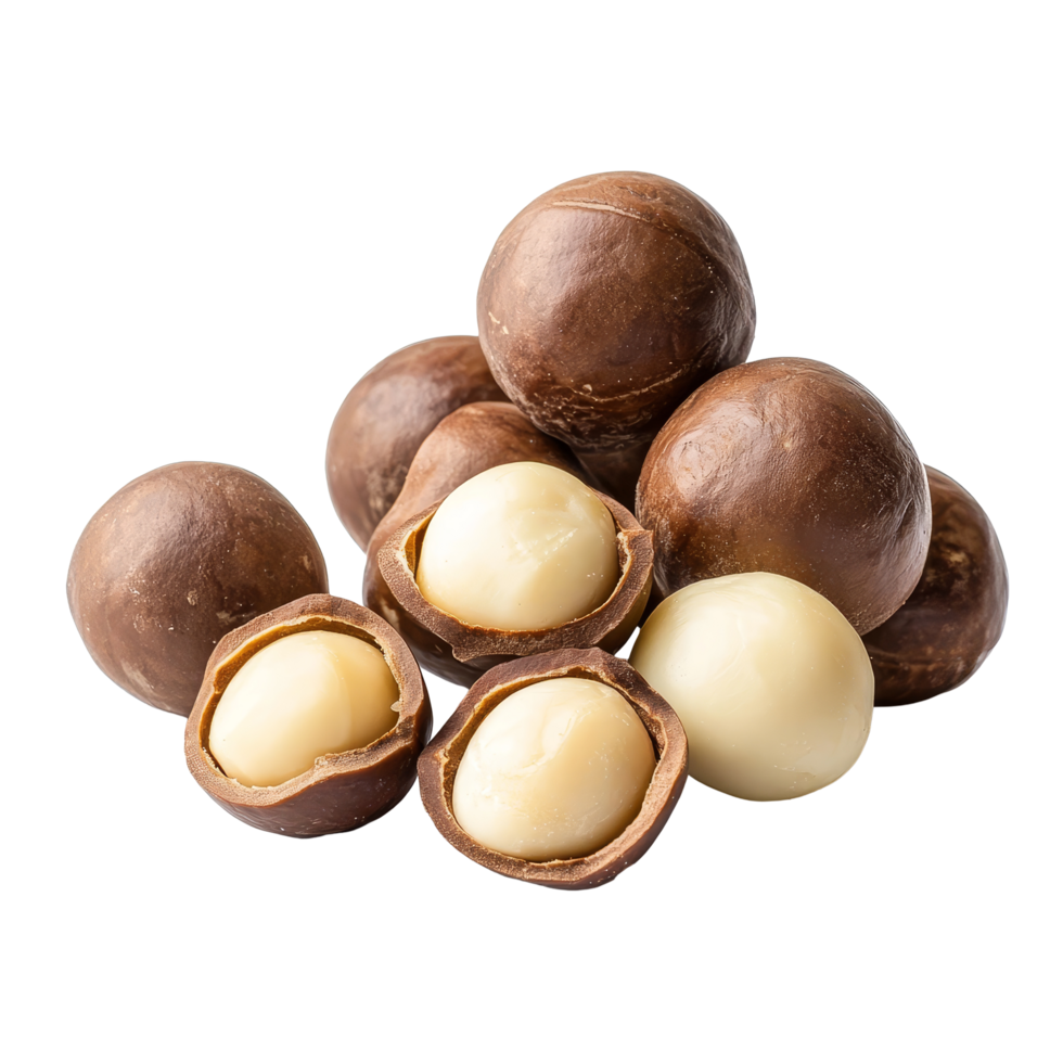 Whole and halved macadamia nuts on a transparent background for culinary uses and healthy snacking options, macadamia nuts isolated on transparent background png