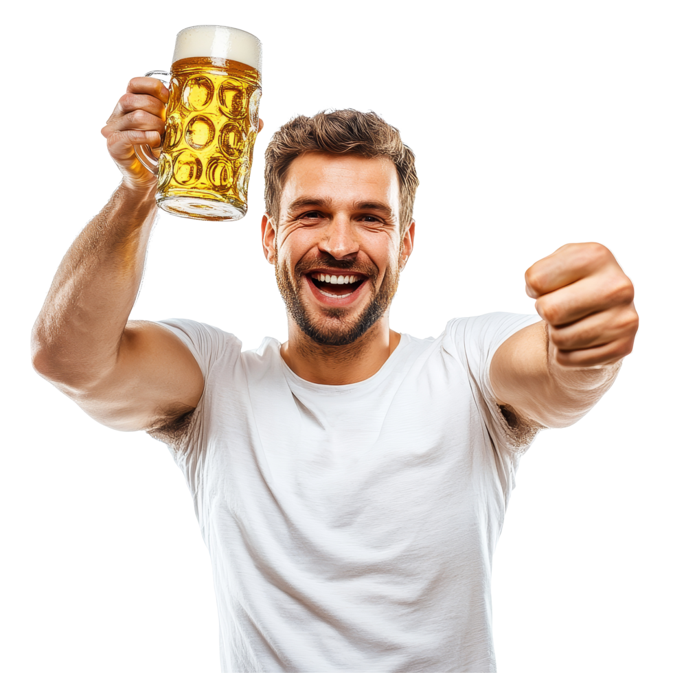 Joyful man celebrating with a beer mug in a bright setting during a friendly gathering or occasion, Joyful Man Raising a Beer Mug Celebration Toast Isolated on transparent background png
