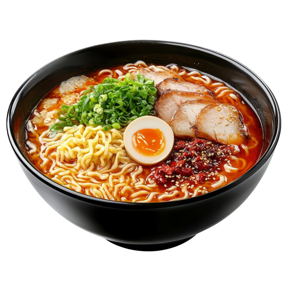Delicious ramen bowl with sliced meat, egg, and green onions on a transparent background, Delicious ramen bowl isolated on transparent background png