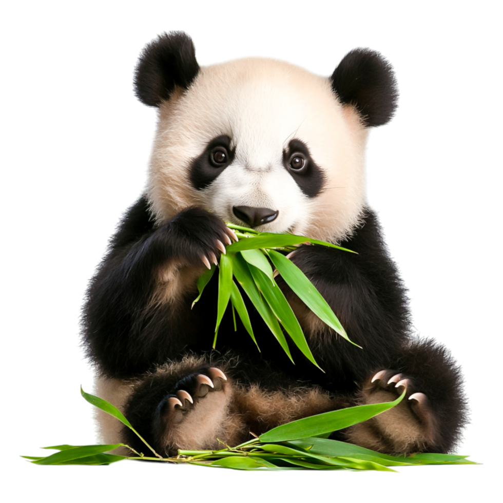 Adorable panda eating bamboo in a lush green environment png