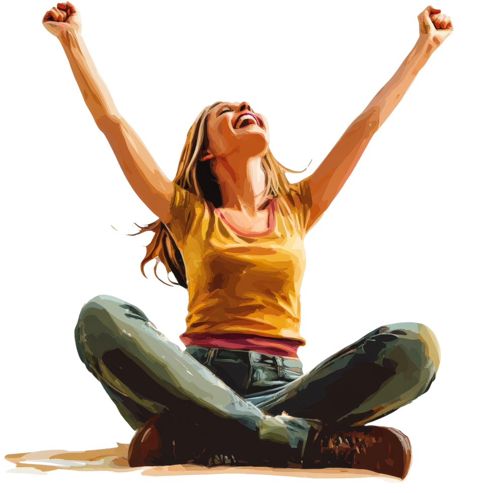A woman joyfully celebrating with raised arms while sitting crosslegged in a vibrant environment, file no background Woman sitting and celebrating with raised arms png