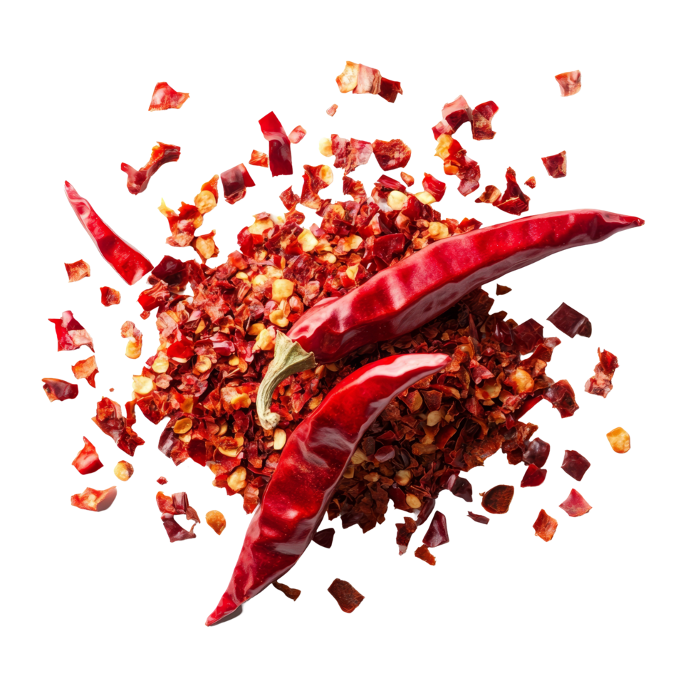 Crushed red chili pepper pieces and whole chilies on a transparent background ready for culinary use, Red chili pepper crushed into pieces isolated on transparent background png