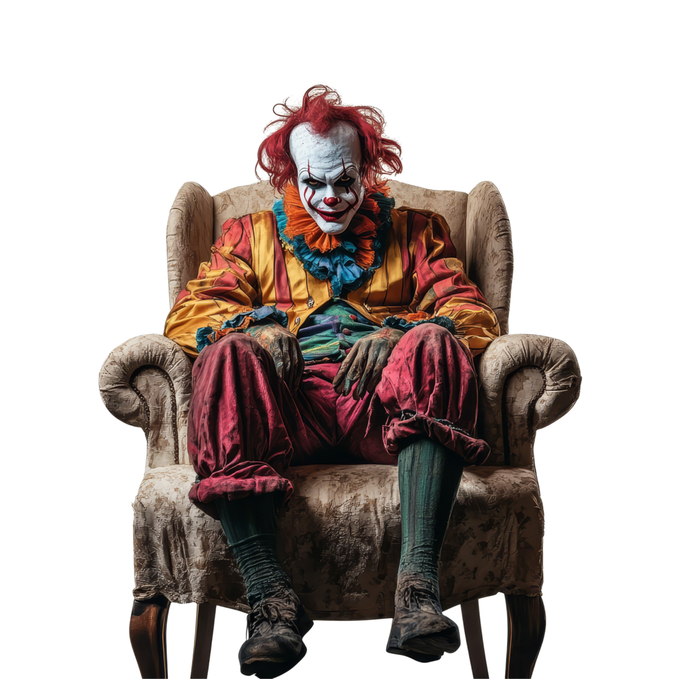 A creepy clown sits alone on a vintage chair against a stark transparent background, creating a chilling atmosphere, Scary Clown Sitting on Chair Isolated on transparent background png