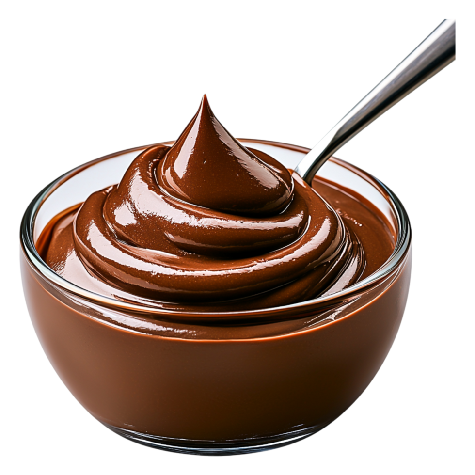 Creamy Chocolate Dessert in Glass Bowl with Spoon png