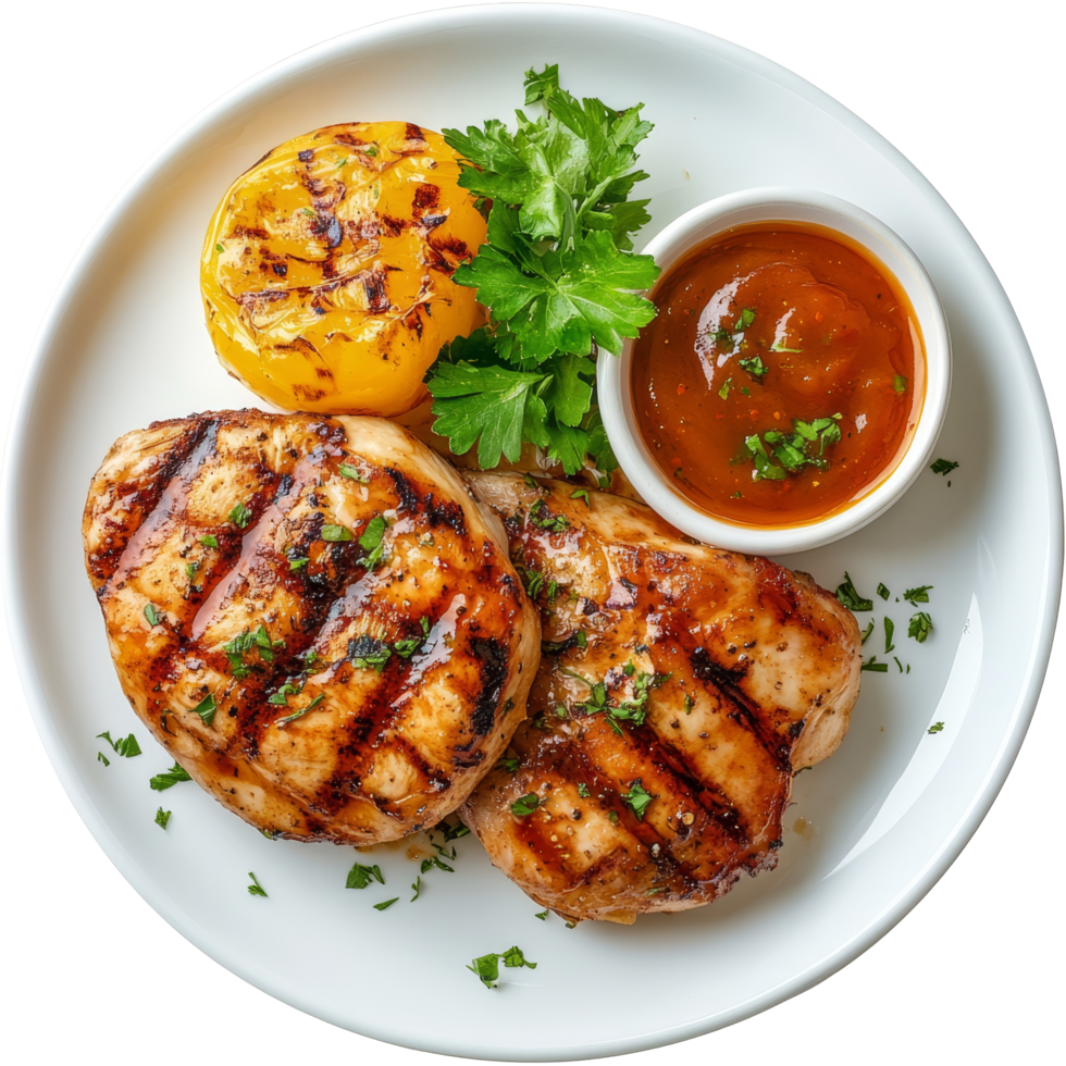 Delicious grilled chicken steak served with tangy sauce and a side of grilled vegetables ready for a hearty meal, Plate of grilled chicken steak with sauce png