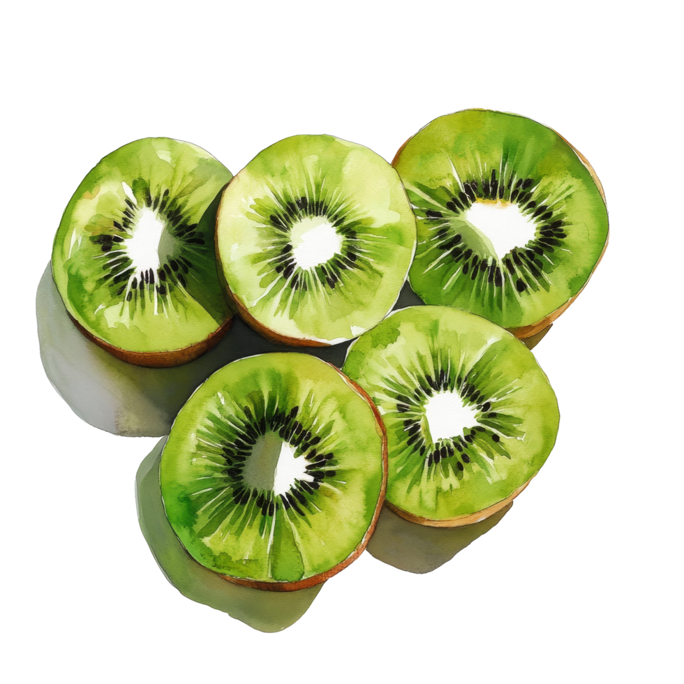 Fresh kiwi fruit slices arranged artfully on a transparent background, showcasing vibrant green color and unique texture, Kiwi fruits slice on transparent background png