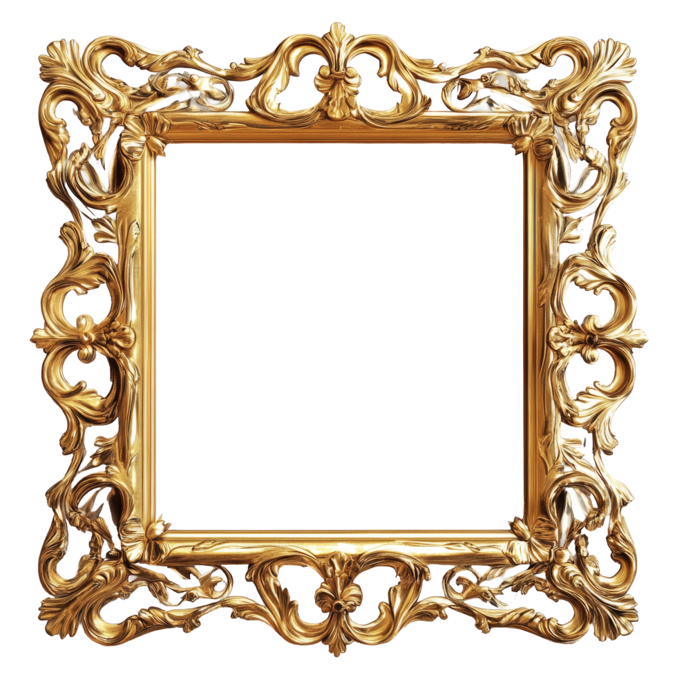 Elegant golden baroque picture frame isolated on a transparent backdrop for decorative displays or artistic presentations, golden baroque picture frame isolated on transparent png