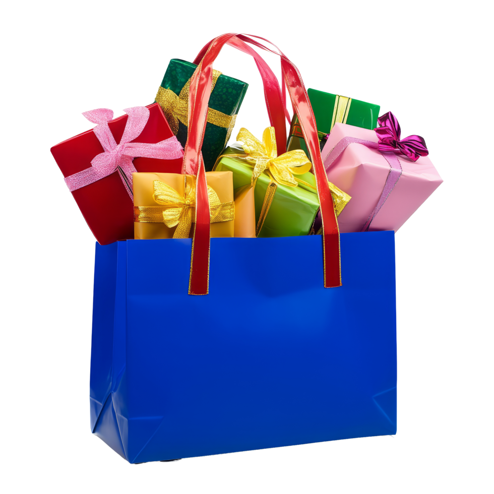 A vibrant shopping bag filled with colorful gifts, perfect for celebrations and festive occasions, Shopping bag full of gifts isolated on with background png