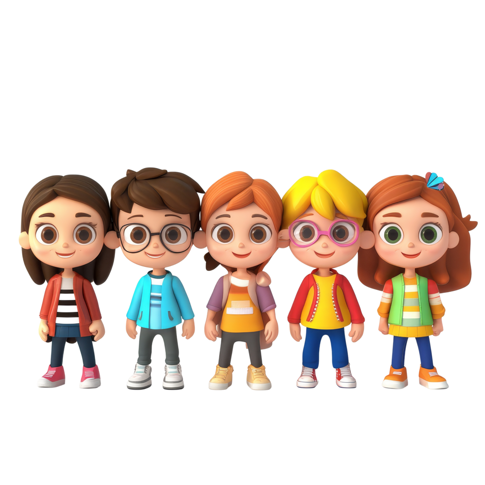 A group of five cute cartoon student characters standing together in a bright and cheerful setting, AIGenerated 3D Cartoon Character Group Cute Students, transparent background png